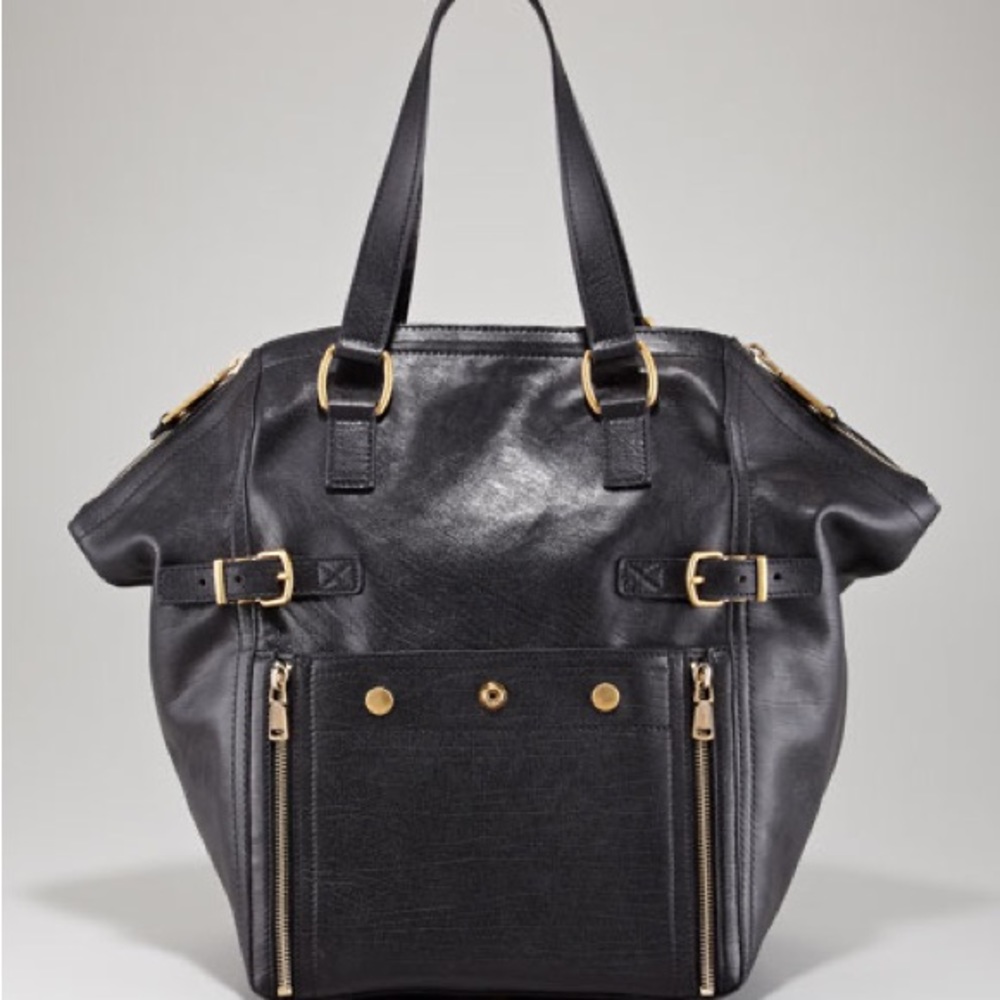 Ysl Saint Laurent black leather downtown bag tote shoulder bag